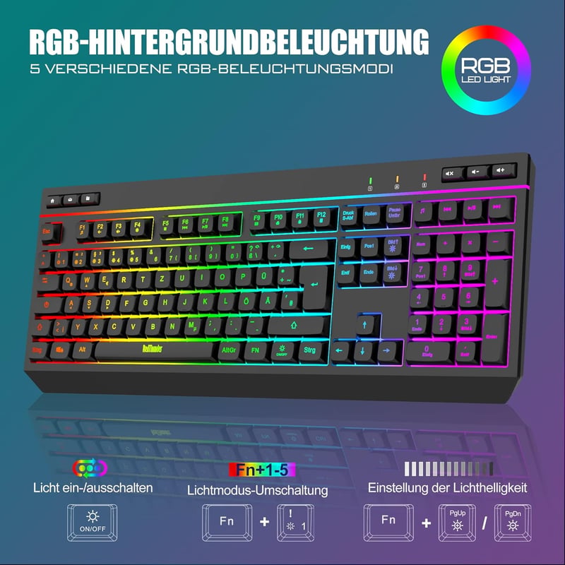 RedThunder K20 Vezeték Nélküli Gaming Billentyűzet és Egér Szett, RGB Háttérvilágítás, QWERTZ, 4800DPI, Újratölthető, PC/Mac Kompatibilis