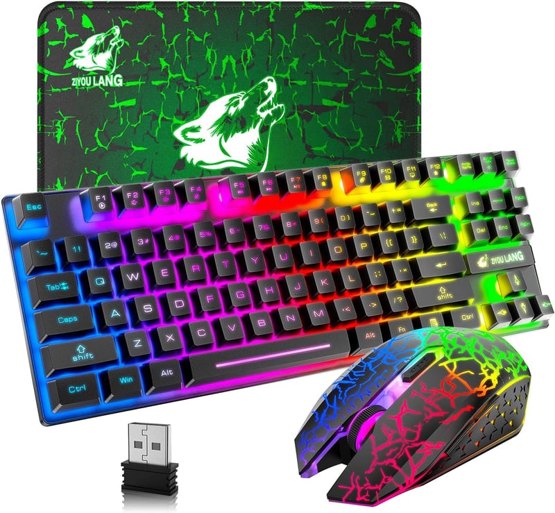 LexonElec Vezeték Nélküli Gaming Billentyűzet és Egér Szett, 87 Gombos RGB LED Háttérvilágítás, 3800mAh Akkumulátor, Fekete