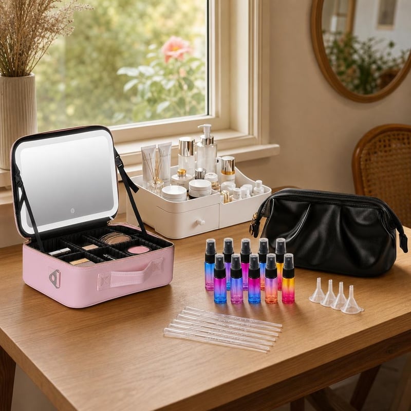 Set za organizaciju šminke: kozmetički organizator + torbica + LED ogledalo + 10x bočica s raspršivačem