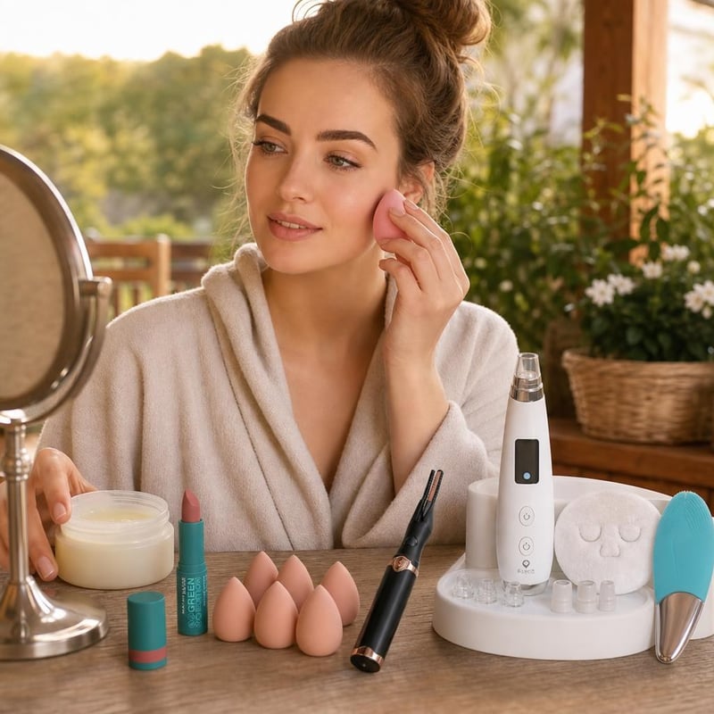 Makeup Starter Set: ruž + 6 spužvica + električni uvijač trepavica + čistač lica s 5 glava + balzam