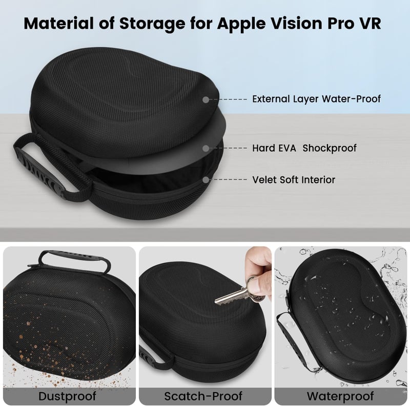 FDOUIGE Kemény Hordtáska Apple Vision Pro VR Szemüveghez - Vízálló, Ütésálló Védőtok Kiegészítőknek, Kézi Fogantyúval, Fekete