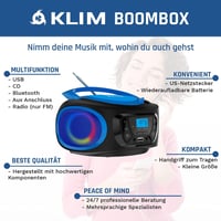 KLIM Boombox Hordozható CD Lejátszó - FM Rádió, Bluetooth, MP3, USB, AUX - Újratölthető Akkumulátor, Kompakt Kialakítás, RGB Világítás - Kék 2