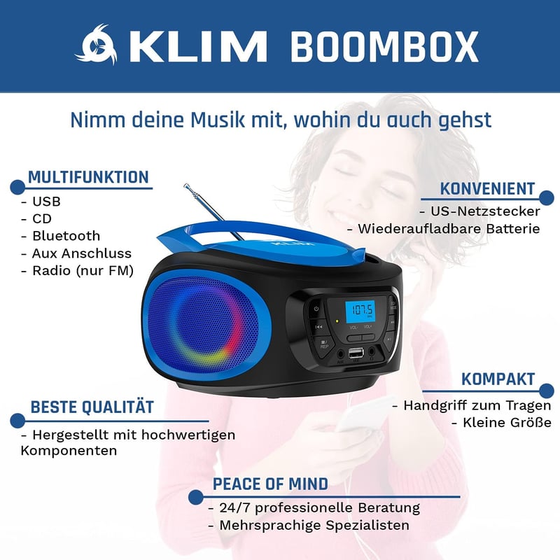 KLIM Boombox Hordozható CD Lejátszó - FM Rádió, Bluetooth, MP3, USB, AUX - Újratölthető Akkumulátor, Kompakt Kialakítás, RGB Világítás - Kék