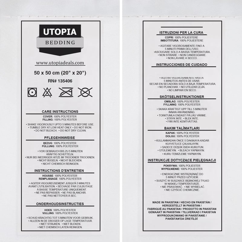 Utopia Bedding 2 db-os fehér párna belső, 50x50 cm-es töltelék díszpárnához