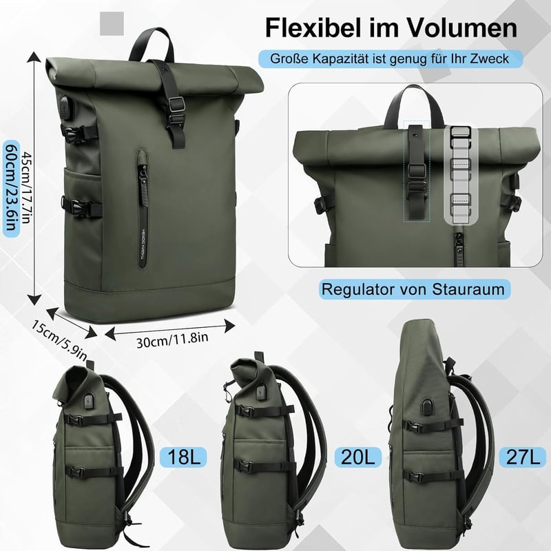 hk Rolltop Vízálló Hátizsák 27L - 15,6" Laptoptartóval, USB Porttal, Lopásbiztos Kialakítás, Unisex Városi Táska Egyetemre, Utazáshoz, Zöld