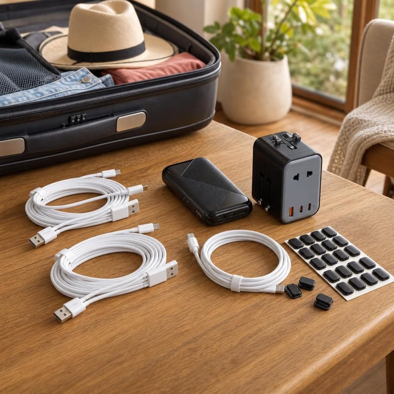 Putni set za punjenje: 10000mAh powerbank + PD adapter + 2x USB-C kabel + Lightning kabel + 30x držač kabela