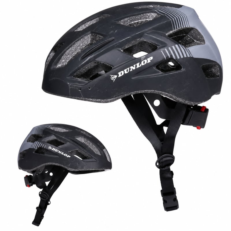 Cyklistická prilba Dunlop s LED zadným svetlom, čierna, veľkosť L (58-61 cm) — Chýba šilt a je poškriabaná (stav: pozri 2. obrázok)