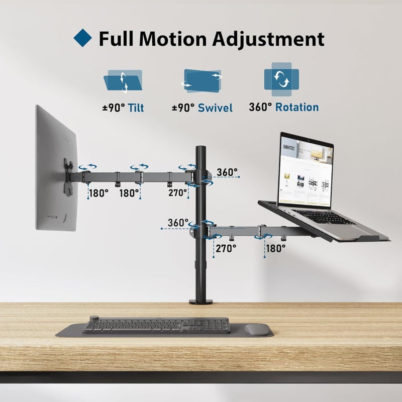 BONTEC Laptop és Monitor Tartó Kar Asztalhoz, C-Bilincs Rögzítés, Teljesen Állítható Dőlés és Forgatás, 13-27" Képernyőkhöz, Fekete - Black