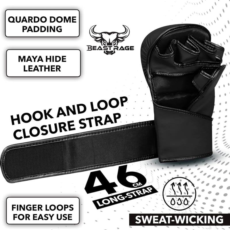 BEAST RAGE MMA Kesztyű Állítható Csuklótámasszal - Nyitott Tenyerű Harcművészeti Kesztyű Muay Thai, Ketrecharc, Taekwondo és Kickbox Edzések