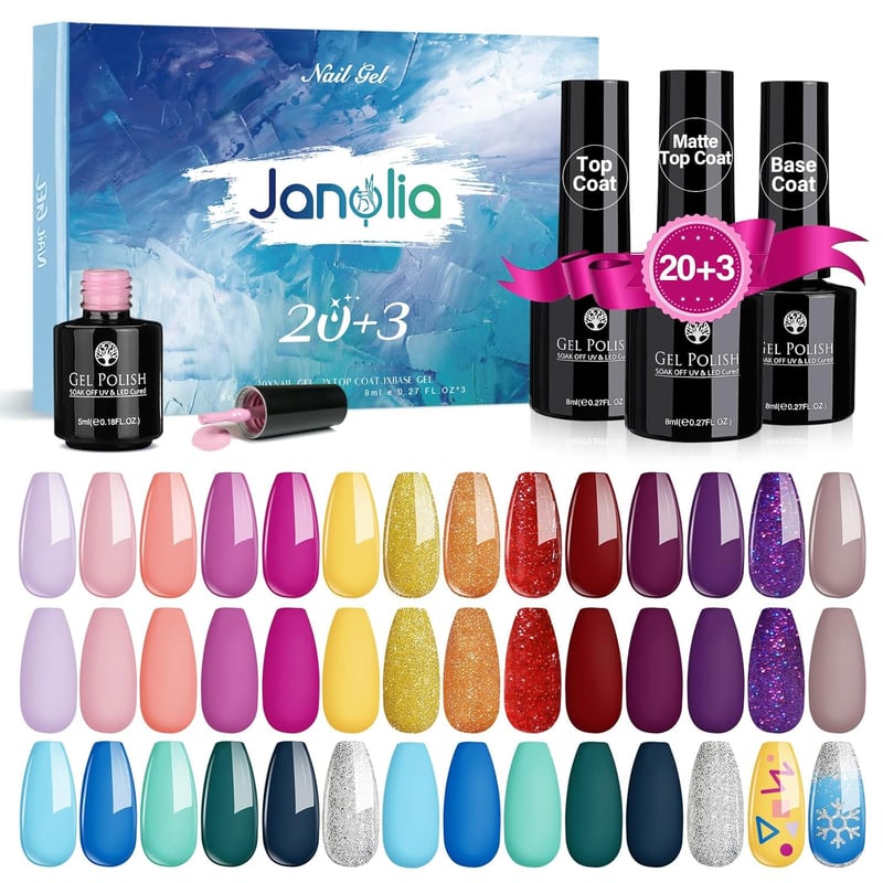 Janolia 23 részes UV LED gél körömlakk szett, 20 színnel és alap-, fedő- és matt lakkal
