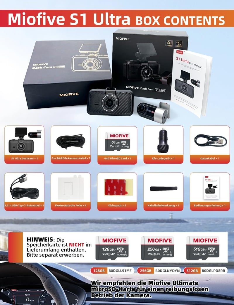Miofive S1 Ultra 4K+4K Autós Menetrögzítő Kamera, Első-Hátsó GPS, 5.8GHz WiFi, Éjjellátó, 3" IPS Kijelző, 64GB Kártya, HDR, Applikáció