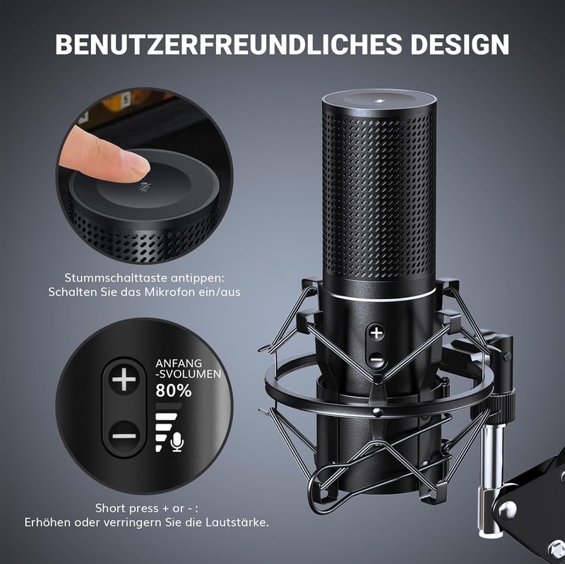 Tonor Q9 USB Kondenzátor Mikrofon Szett - Kardioid Irányítottságú Stúdió Minőségű Fém Mikrofon PC, Laptop és Konzol Kompatibilitással