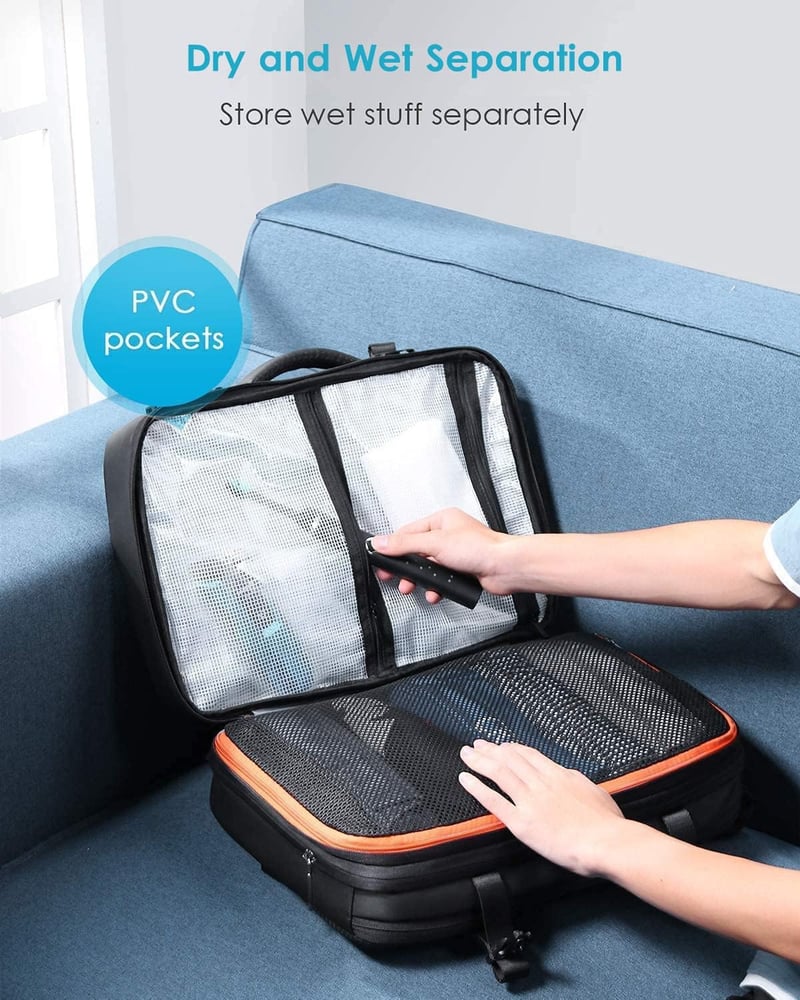HOMIEE Kézipoggyász Hátizsák 15,6 Hüvelykes Laptophoz - Bővíthető, Lopásbiztos, Vízlepergető Utazó Táska, Repülőgépen Engedélyezett - Black