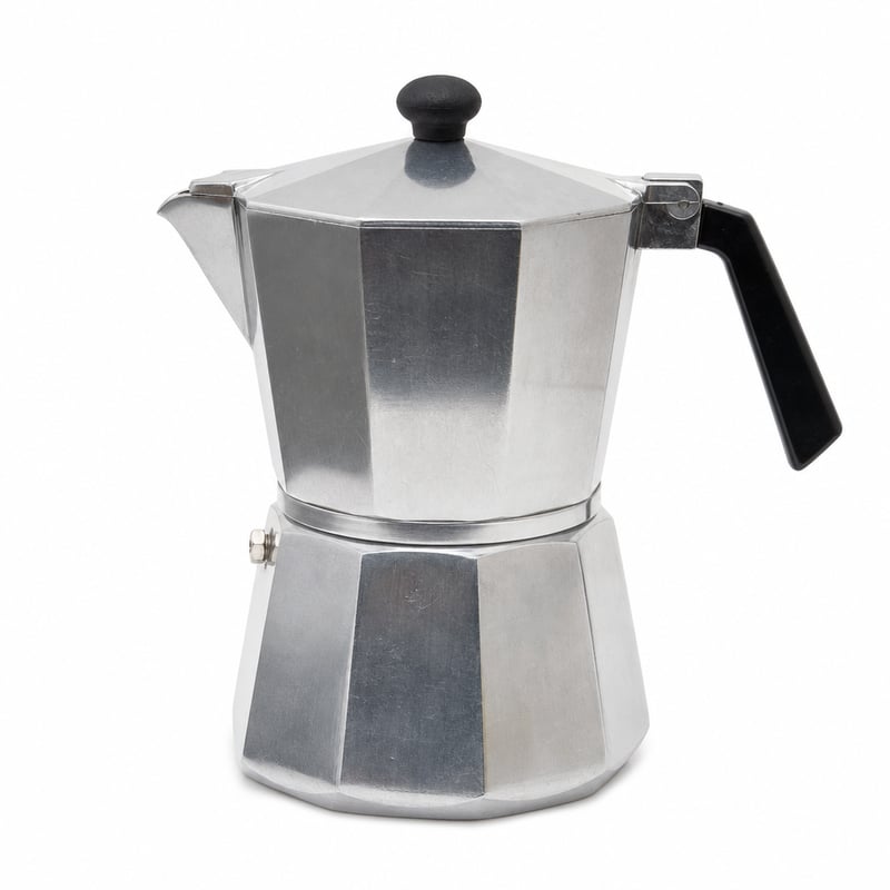 Klasický kávovar Bialetti Moka Express na 12 šálok, hliníkový, strieborný, na sporák, taliansky dizajn – používaný