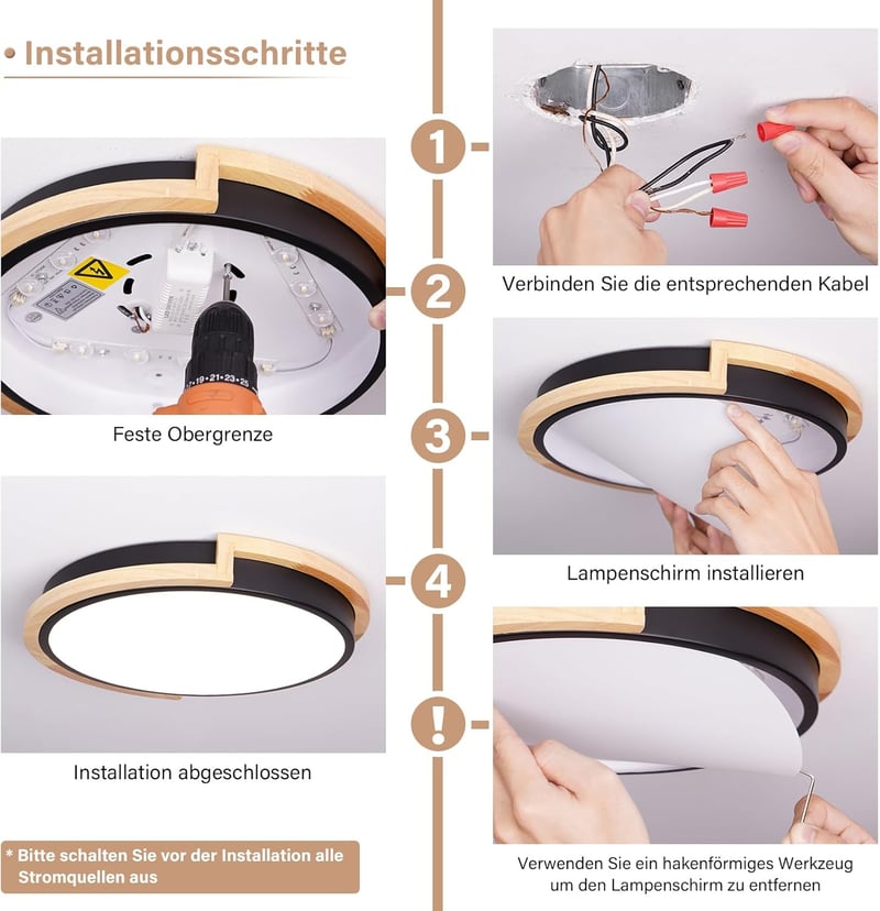 WOKNOS Fekete Mennyezeti Lámpa 40 cm, 36W LED Világítás Fa Díszítéssel, 4000K Természetes Fény, Nappali, Hálószoba, Konyha, Előszoba