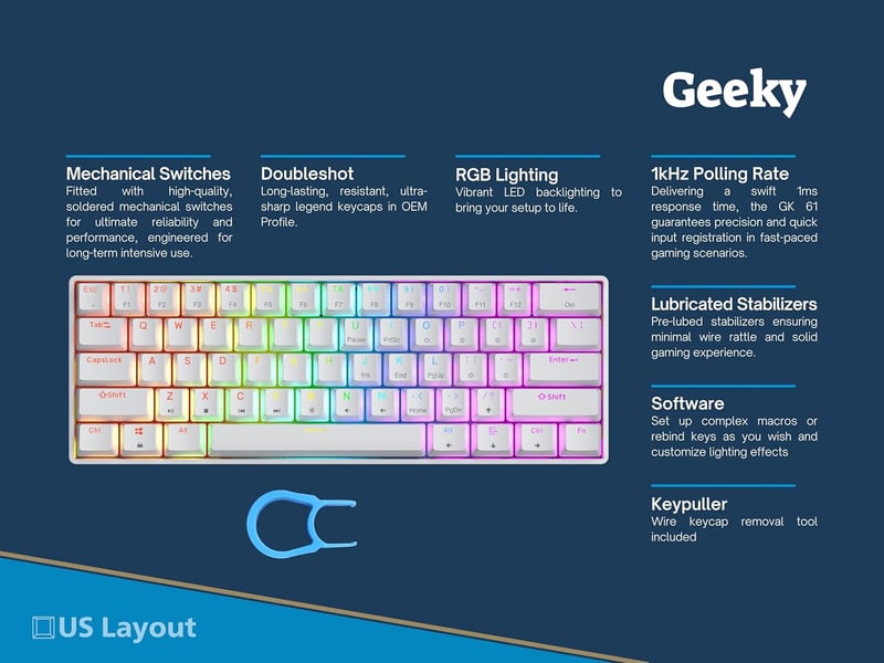 Geeky GK61 SE 60% Mechanikus Gamer Billentyűzet, 61 Gombos RGB Háttérvilágítás, Barna Kapcsolók, USB-C, PC/Mac/PS5/Xbox Kompatibilis, Fehér