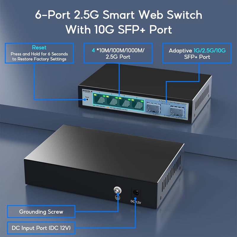 SODOLA 2.5G Webes Menedzselhető Switch - 4 x 2.5G RJ45 + 2 x 10G SFP+ Port, 60Gbps Sávszélesség, VLAN/QoS Támogatás, Fém Ház, Hálózati Kapcs