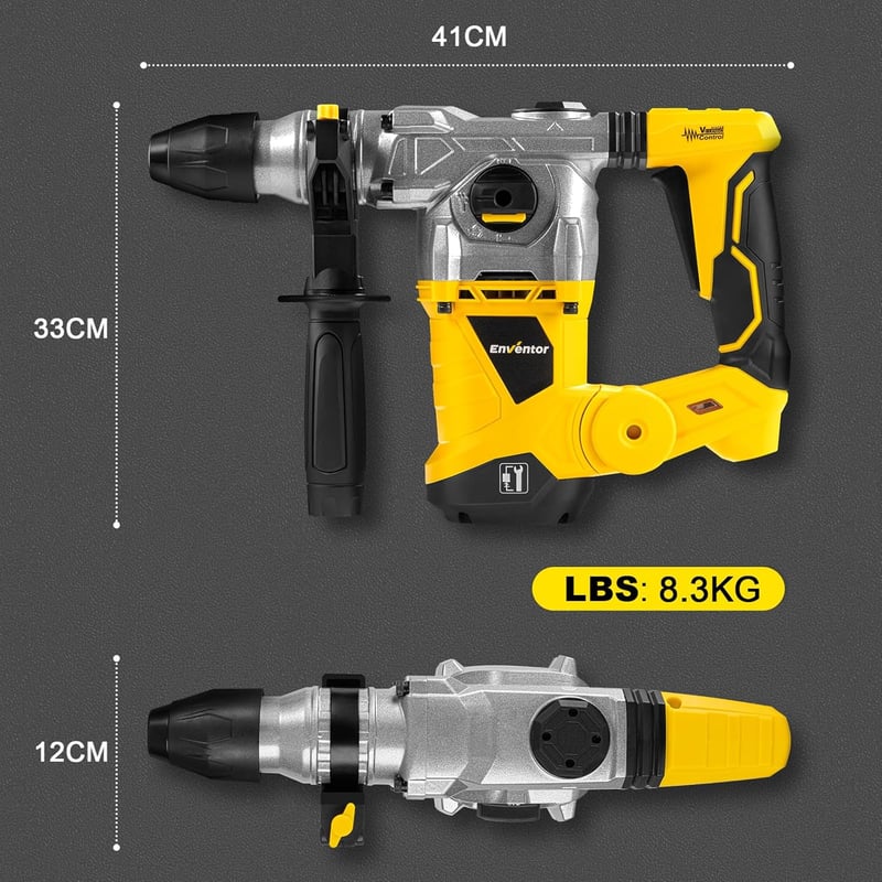 ENVENTOR SDS-Plus Fúrókalapács 1500W, 6 Joule, 4 Funkciós Vésőkalapács Vibrációcsökkentő Fogantyúval, 4500 BPM, 32mm Betonhoz, Fémhez, Fához
