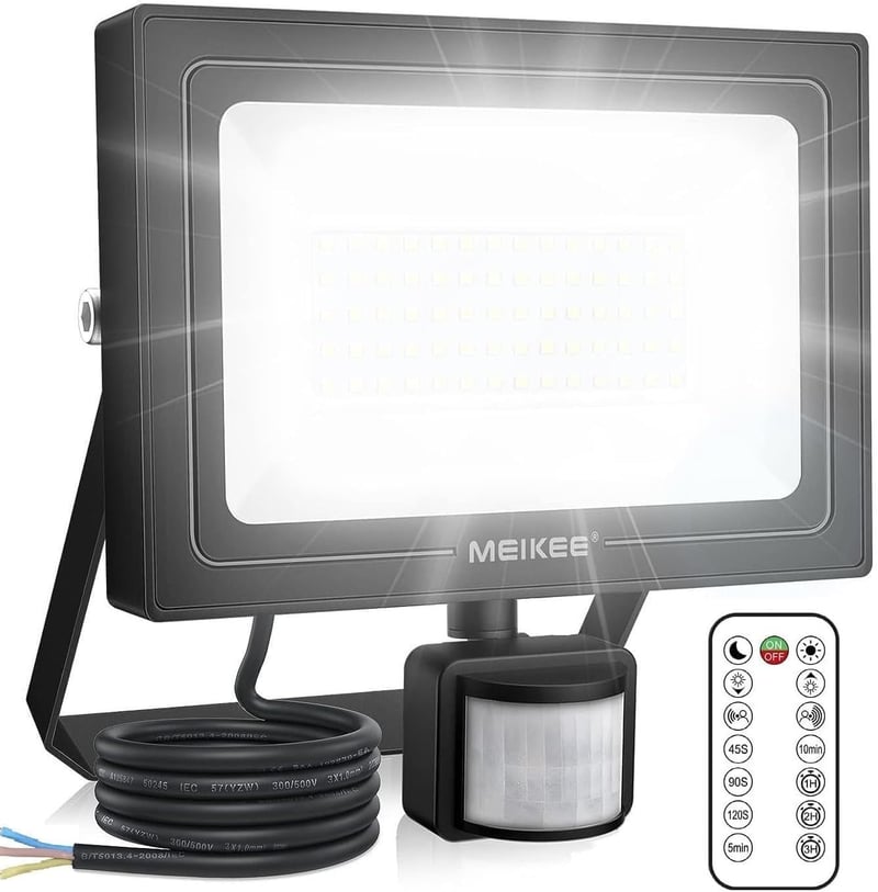 MEIKEE 60W LED Reflektor Mozgásérzékelővel - 5200 Lumen Távirányítós Kültéri Lámpa, IP66 Vízálló, Időzíthető, Fényerő Szabályozható, Fekete