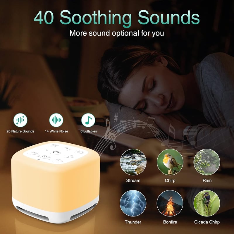 ORIA Fehérzaj Gép 40 Hanggal, Éjjeli Fénnyel és Bluetooth Hangszóróval Babáknak