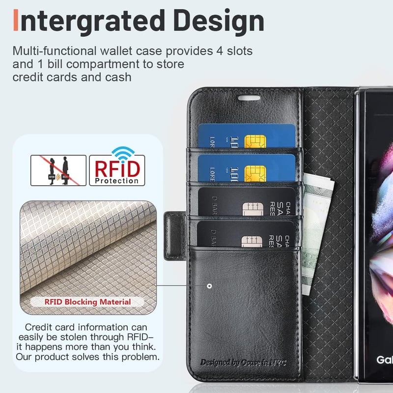 Samsung Galaxy Z Fold 4 5G OCASE bőrtok S Pen tartóval, RFID védelemmel - Fekete