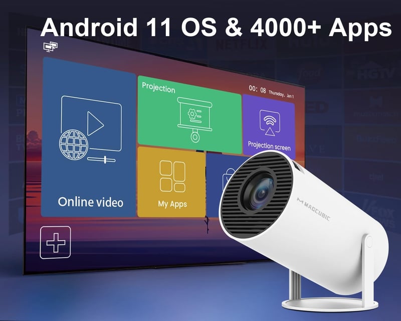 Magcubic Mini Projektor Android 11 - 4K Támogatás, 5G WiFi 6, Full HD 1080P, 200" Kivetítés, 180° Forgatható, Automatikus Trapézkorrekció, H