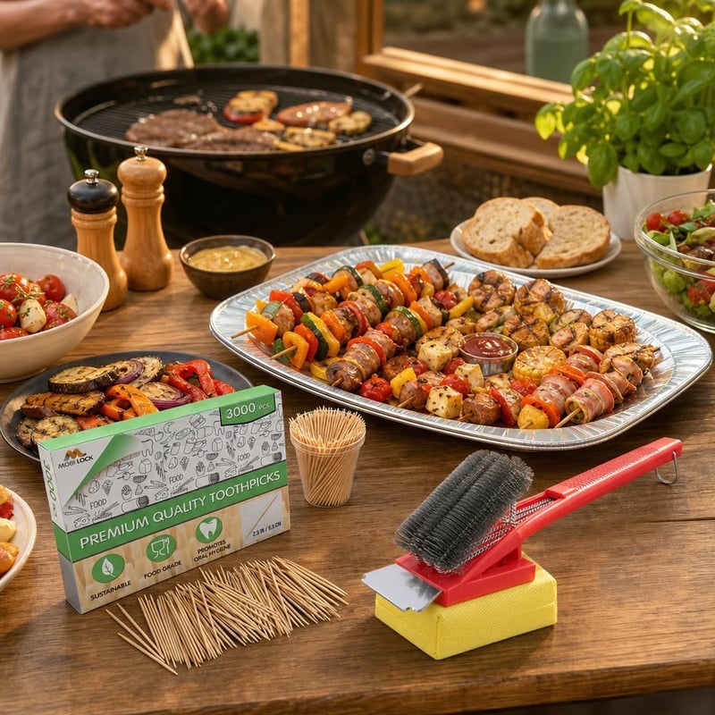 Grillparti hangulatcsomag: 3000 db fogpiszkáló + 20 db alumínium tálca + grillkefe