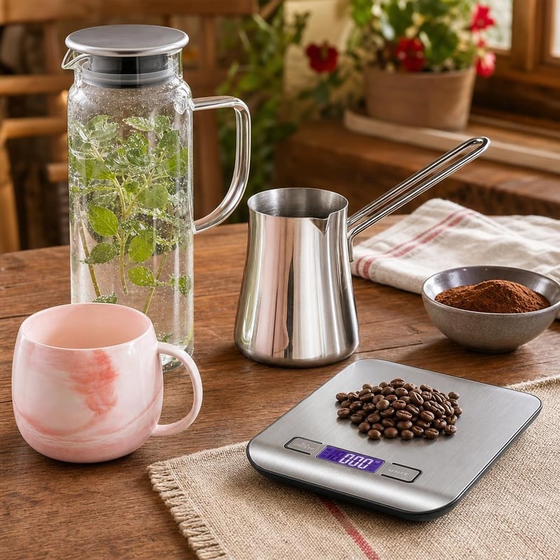 Set za tursku kavu: džezva + digitalna vaga 5 kg + vrč 1 l + keramička šalica 300 ml