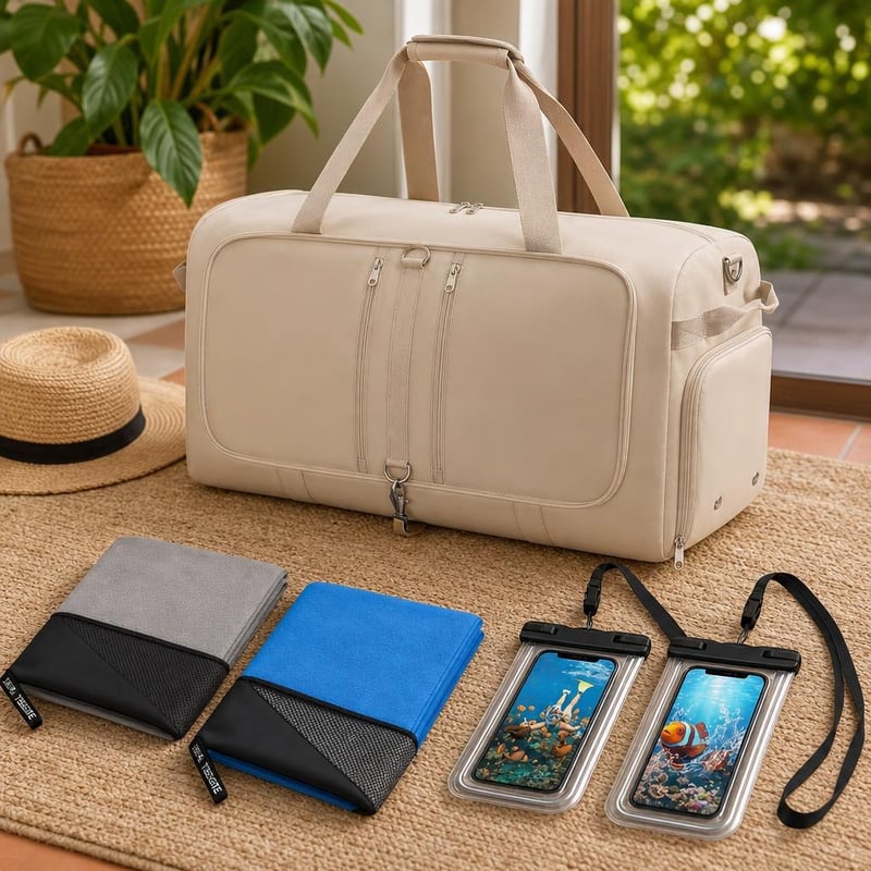 Plážový set: rozšíriteľná taška + 2× mikrovláknový uterák + 2× vodotesné puzdro na mobil