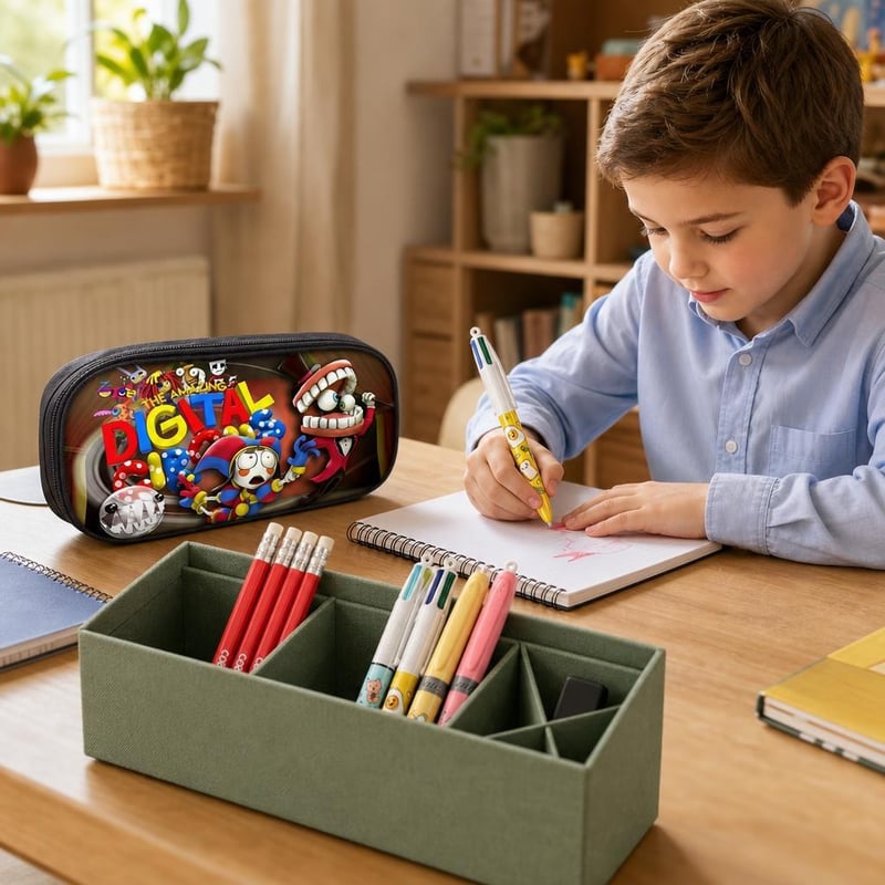Set organizare birou: penar mare + organizator 4 compartimente + 3 creioane HB + pix 4 culori + marker