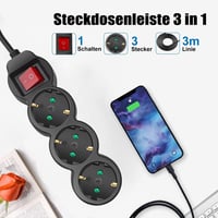 EXTRASTAR Elosztó 3 Aljzattal, Energiatakarékos Kapcsolóval, 3m Kábel, Gyerekzárral, 16A, 3680W, Fehér 6
