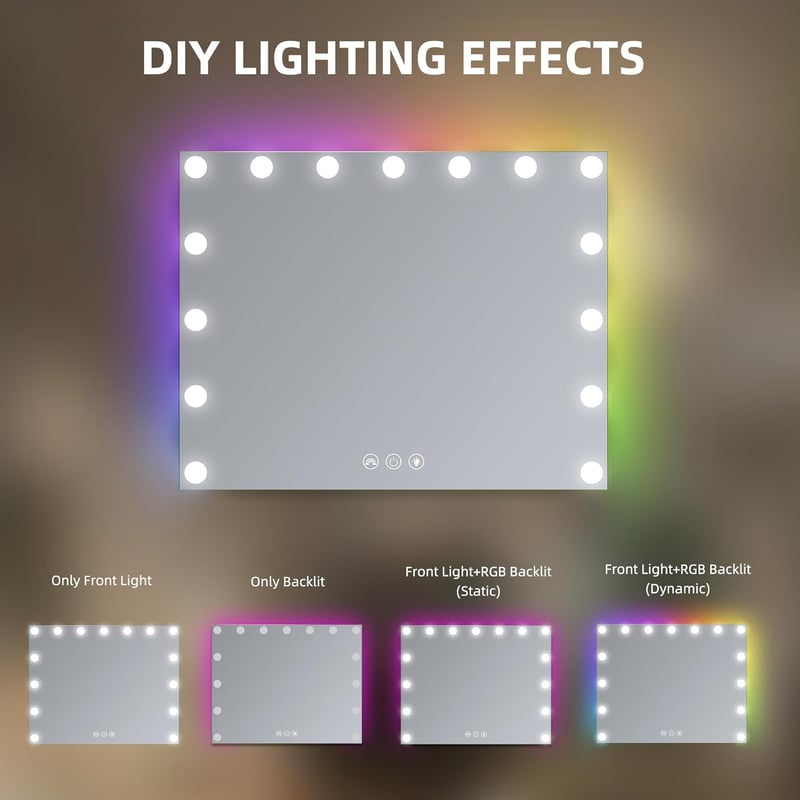 RGB Sminktükör LED Világítással - 65*56 cm - 15 Fényerőszintű Hollywood Tükör 3 Színhőmérséklettel, Érintésvezérléssel
