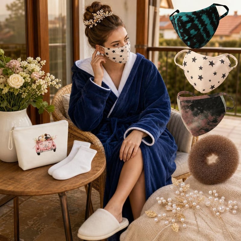 Svadbeni paket: kozmetička torbica + čarape + ogrtač + 3 maske + oblikovač punđe + 3 ukosnice + papuče