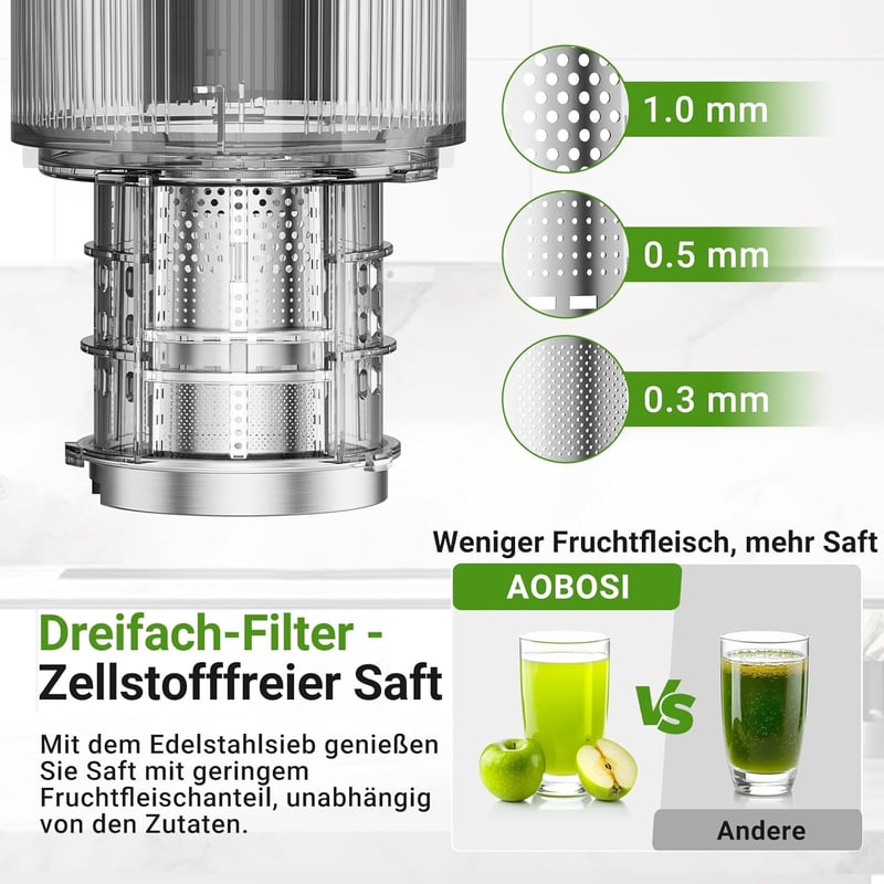 AOBOSI Slow Juicer 126 mm Extra Széles Adagolónyílással - Egész Gyümölcsök Préselésére, Erőteljes Motorral, Hármas Szűrőrendszerrel, Fekete