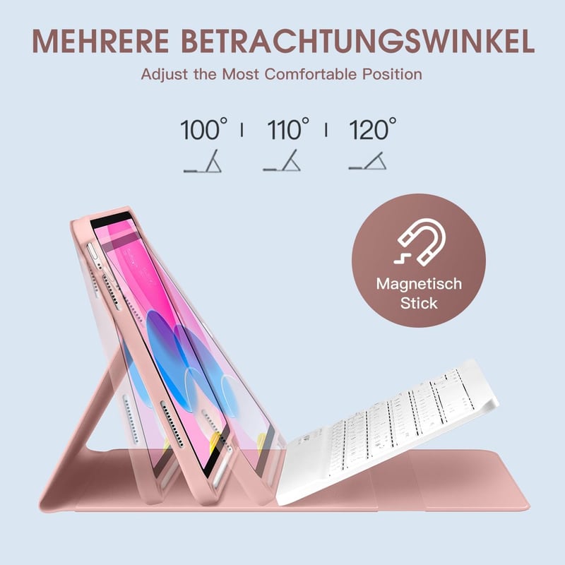 iPad 10. generációs rózsaszín tok levehető német billentyűzettel és ceruzatartóval, 10.9" (2022)