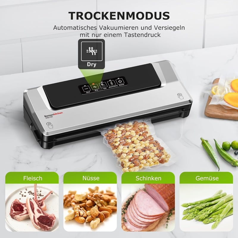 Bonsenkitchen VS2100 Vákuumfóliázó Gép Száraz és Nedves Élelmiszerekhez