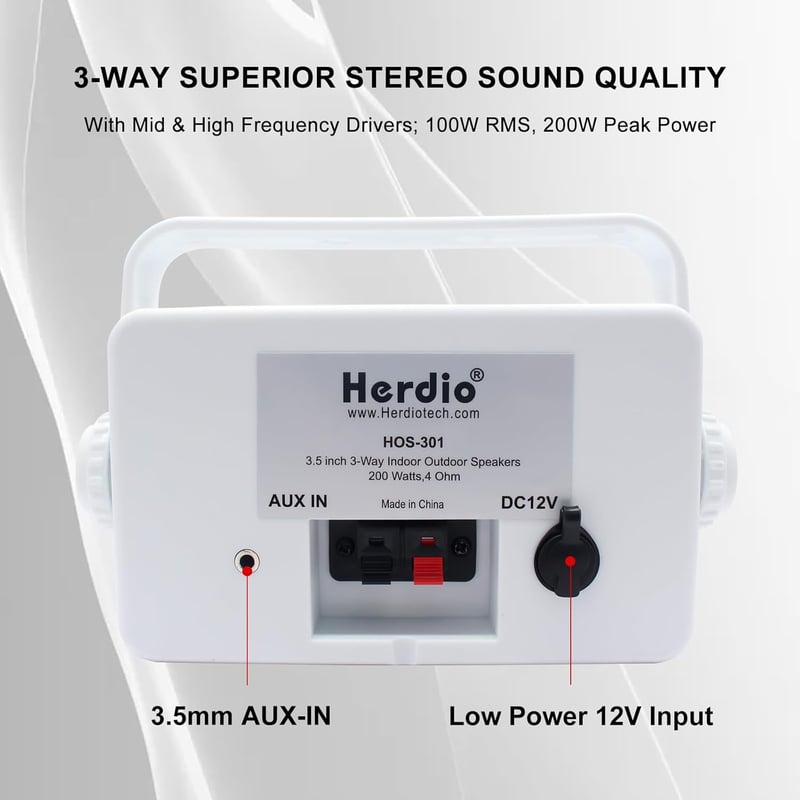 Herdio 3,5" Bluetooth Kültéri Hangszórópár, 200W, 3-Utas, Vízálló, Falra Szerelhető, Hajóra, Teraszra, Kertbe - Fehér