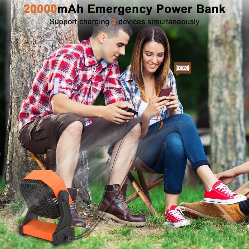 KITWLEMEN LED-es Kemping Ventilátor 20000mAh, 270° Forgatható, 4 Sebességes, USB