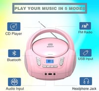 WISCENT Hordozható CD Lejátszó Gyerekeknek - Bluetooth, FM Rádió, USB, AUX és Fejhallgató Csatlakozóval, Rózsaszín Boombox Otthoni és Kültér 2