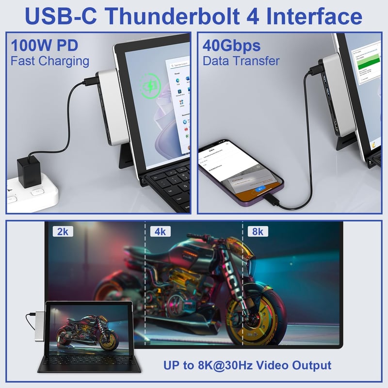 Surface Pro 9 Dokkoló - 4K HDMI, Thunderbolt 4, USB, SD/TF - Tripla Kijelző Támogatás