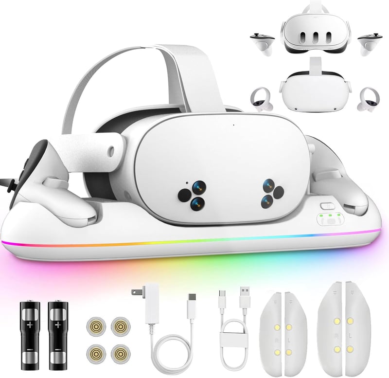SPEEDY BEE Töltőállomás Meta Quest 3/3S/2 Headsethez - Mágneses VR Állvány RGB Világítással, 2 Újratölthető 2100mAh Akkumulátorral és USB Ki