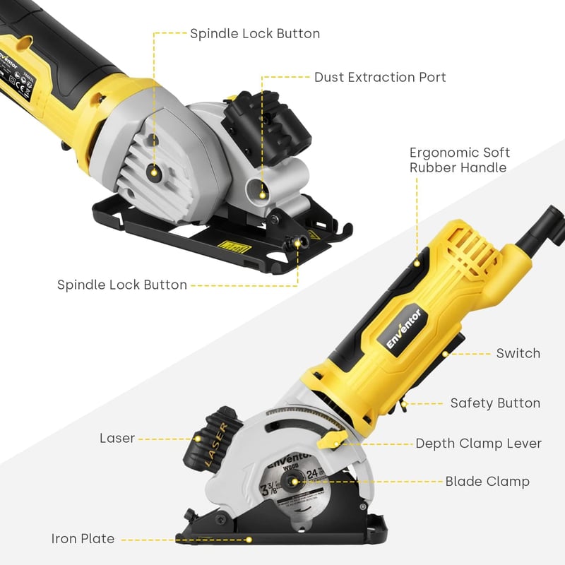 Enventor 580W Mini Körfűrész 3 Fűrészlappal, Lézeres Vezetővel, 4000 RPM, Állítható Vágásmélységgel, Fa, Csempe, Műanyag és Vékony Fém Vágás