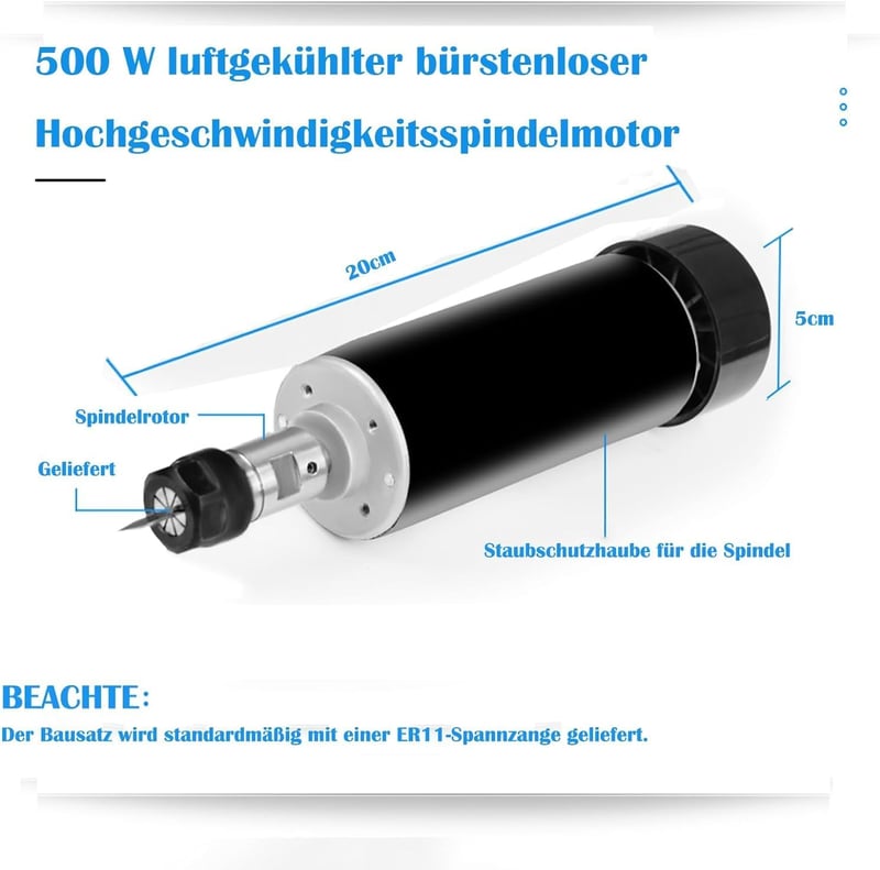 Twotrees 500W CNC Orsómotor 12000 RPM Léghűtéses Kefe Nélküli Motor Beépített Vezérlőegységgel Gravírozáshoz, Maráshoz és Fúráshoz