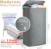 Blumtal Szürke Szennyestartó Kosár 100L - Kivehető Zsákkal és Fedéllel - Keskeny Bambusz Vázas Textil Ruhatároló - Modern Téglalap Alakú Mos 2
