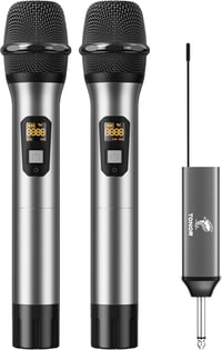 TONOR TW-630 UHF Vezeték Nélküli Mikrofon Szett - Dupla Fém Dinamikus Mikrofon Újratölthető Vevővel Karaoke, Konferencia, Esküvő, DJ Esemény - Silver and silver 1