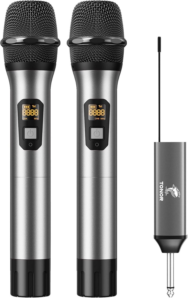 TONOR TW-630 UHF Vezeték Nélküli Mikrofon Szett - Dupla Fém Dinamikus Mikrofon Újratölthető Vevővel Karaoke, Konferencia, Esküvő, DJ Esemény - Silver and silver
