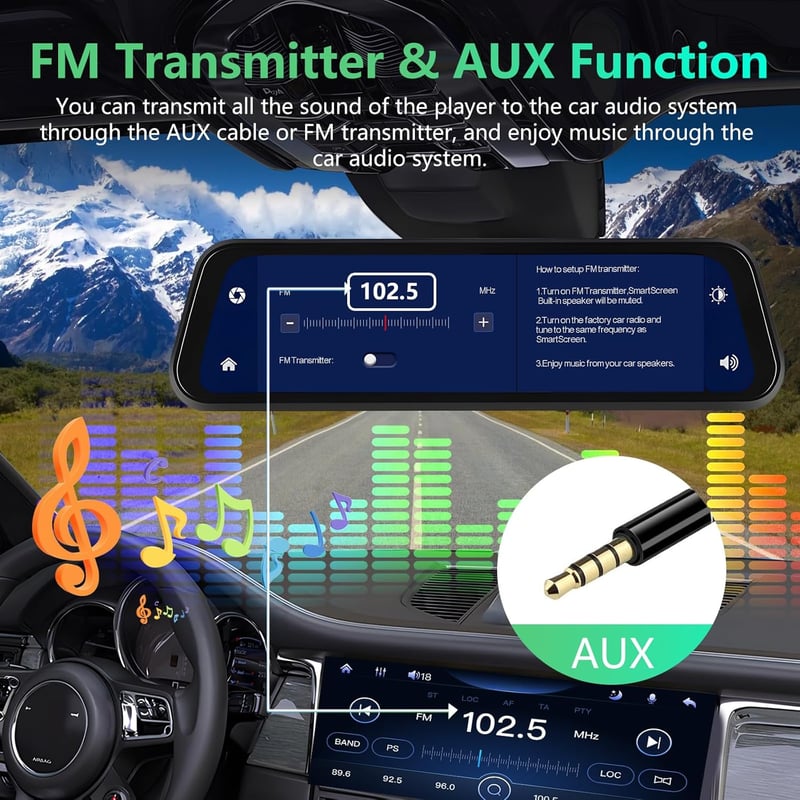 Podofo 9.66" Tükör Menetrögzítő Kamera - Vezeték Nélküli Apple CarPlay, Android Auto, Dupla 1080P HD Kamera, IPS Érintőképernyő, Bluetooth, 