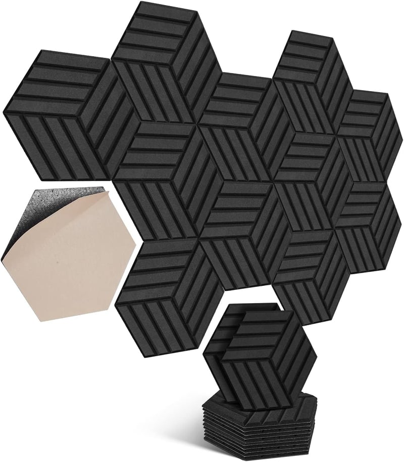 Hexagon alakú öntapadós akusztikai panel, 12 db, csíkos fekete, 30x26x0,9 cm