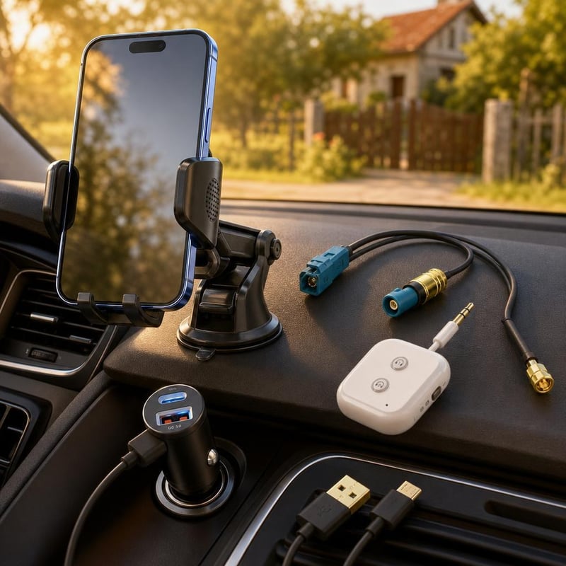 Autós telefonmentő csomag: telefontartó + 30W töltő + 1,8 m kábel + Bluetooth adapter + antennaelosztó