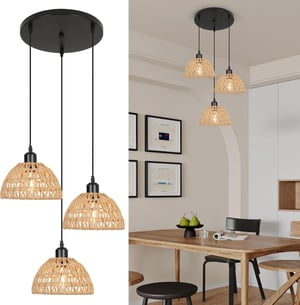 FORCOSO Ratan Viseća Lampa za Blagovaonski Stol s 3 Žarulje - Vintage Boho Pletena Stropna Svjetiljka za Dnevni Boravak Spavaću Sobu Kuhinju Dekoracija (Ø21cm x3)